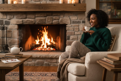 A beautiful black woman enjoying her tea in front of her fireplace. 