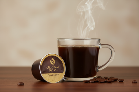 A premium blend single serve coffee we call 'Original Roast'. This is our signature blend of premium gourmet coffees that make a rich, delicious cup. Each coffee capsule is sealed with no oxygen inside (no air) so the coffee stays fresh. An improved filter design stops coffee from shooting right through the middle, absorbing more grounds for a lively cup, without slowing down the brew time.