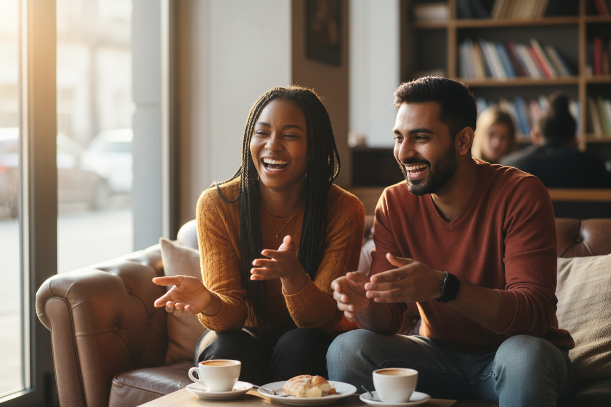 African and an Indian friend sitting together talking and having fun. 