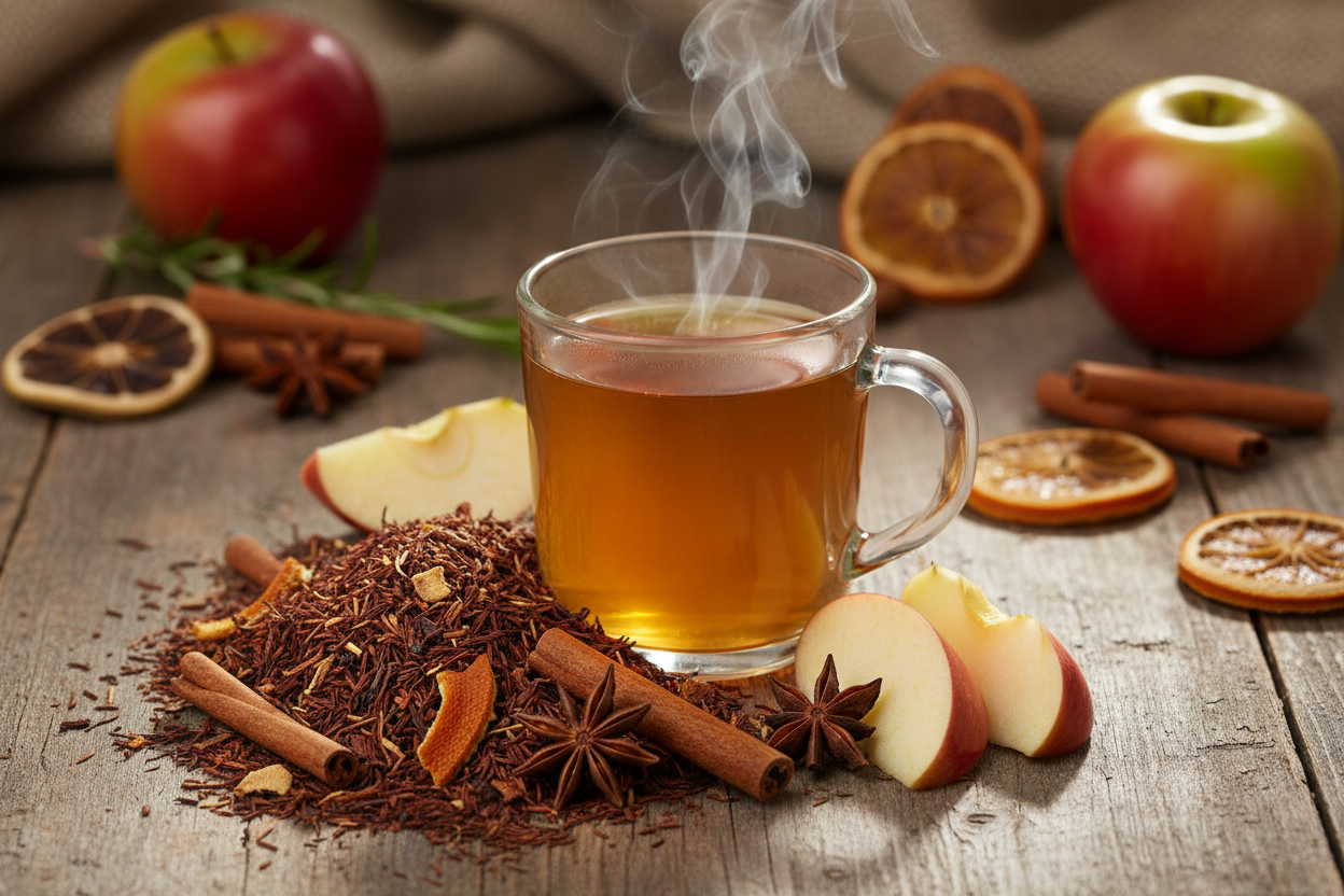 Apple Cider Rooibos loose leaf tea. This naturally caffeine-free rooibos blend from South Africa is layered with cinnamon, orange peel, and cozy spices for a cup that tastes like fresh apple cider. Rich in antioxidants and soothing to the body, it’s a tea that feels both healthy and indulgent. A festive, warming brew perfect for autumn nights — or year-round comfort.