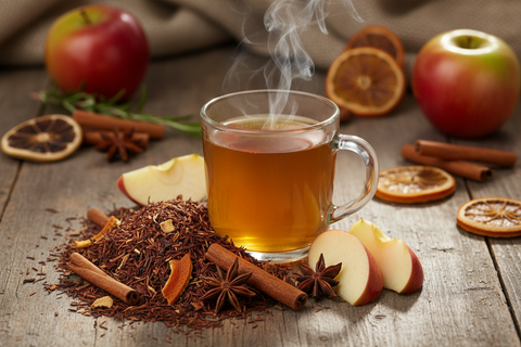 Apple Cider Rooibos loose leaf tea. This naturally caffeine-free rooibos blend from South Africa is layered with cinnamon, orange peel, and cozy spices for a cup that tastes like fresh apple cider. Rich in antioxidants and soothing to the body, it’s a tea that feels both healthy and indulgent. A festive, warming brew perfect for autumn nights — or year-round comfort.