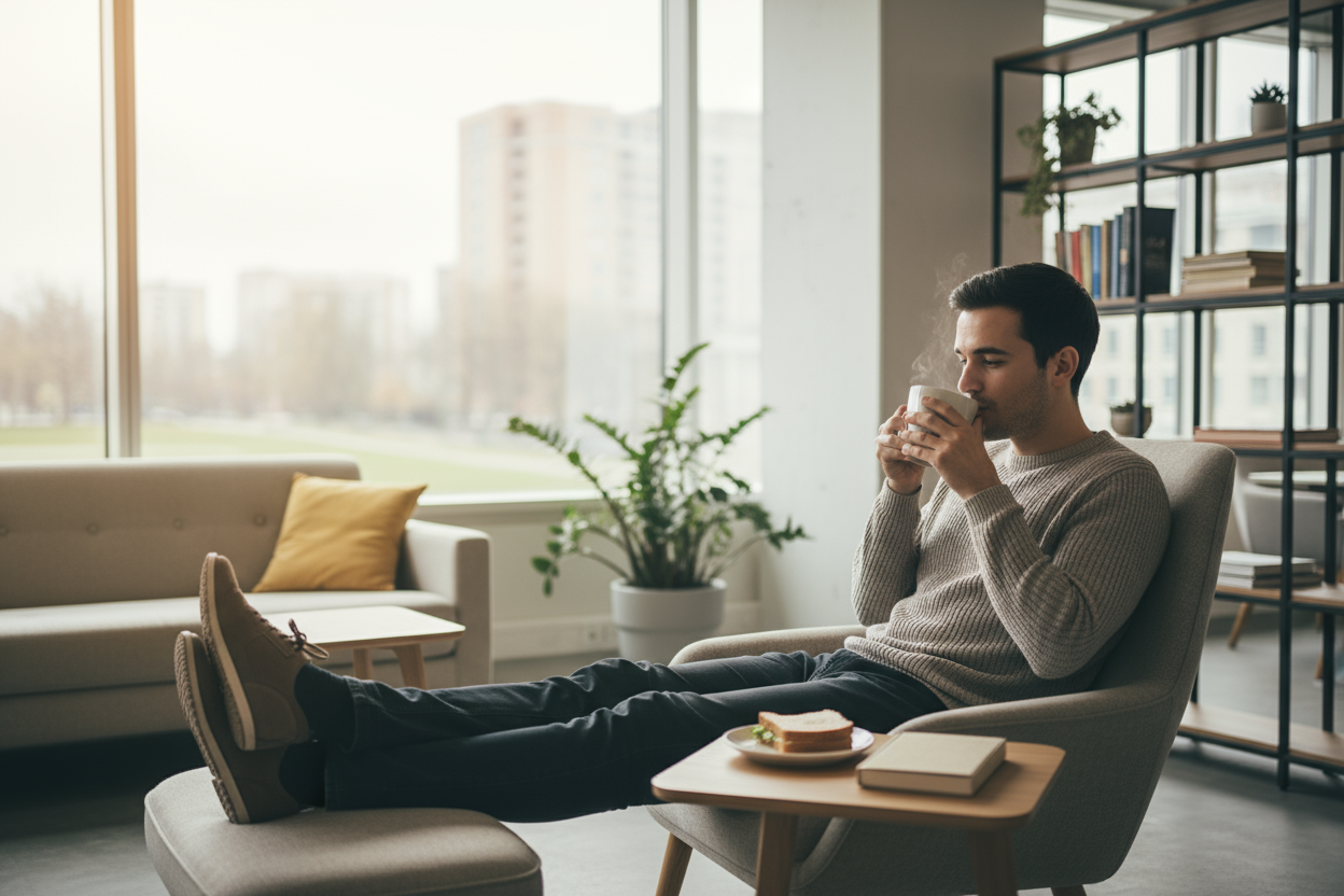 coworker at work during lunch having tea and relaxing 