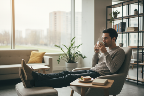 coworker at work during lunch having tea and relaxing 