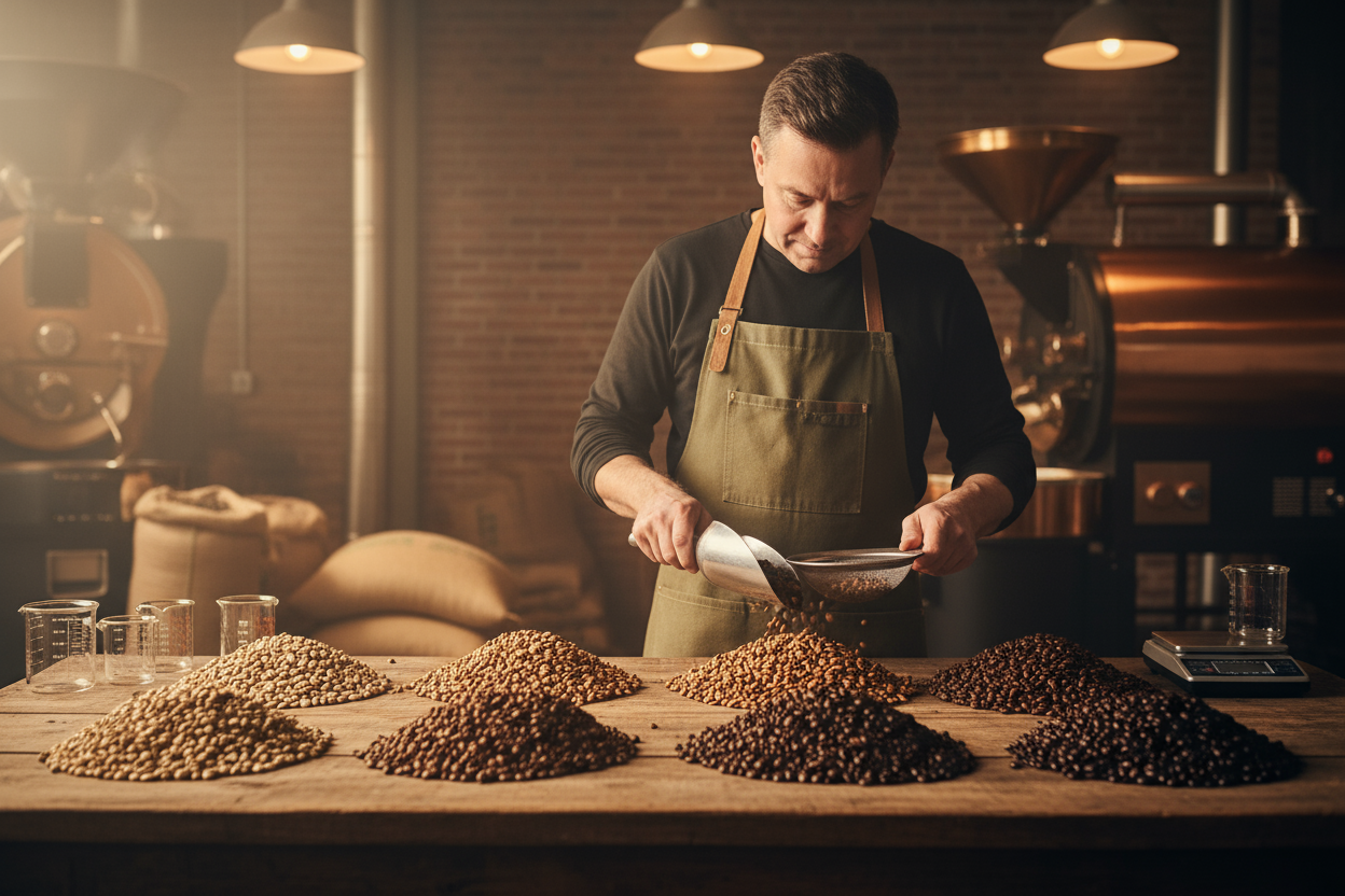 create an image of the head roaster blending the 6 beans to make the new blend