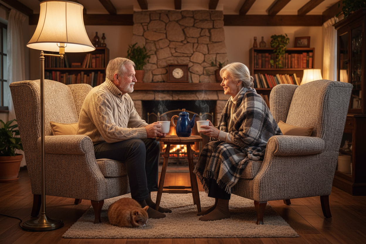 Elderly couple relaxing with a pot of coffee. 