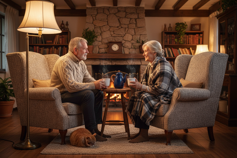 Elderly couple relaxing with a pot of coffee. 