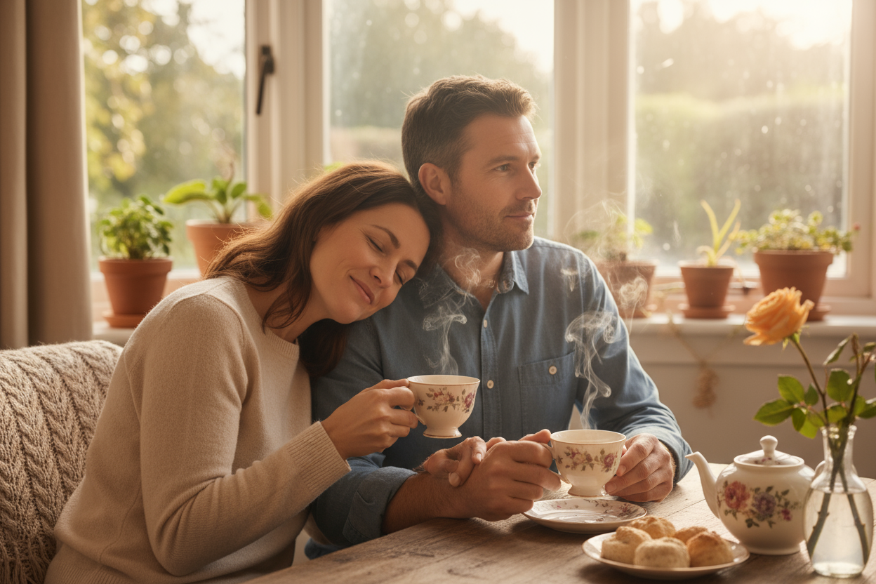 generate a husband and wife sipping on earl grey tea together in the morning. 