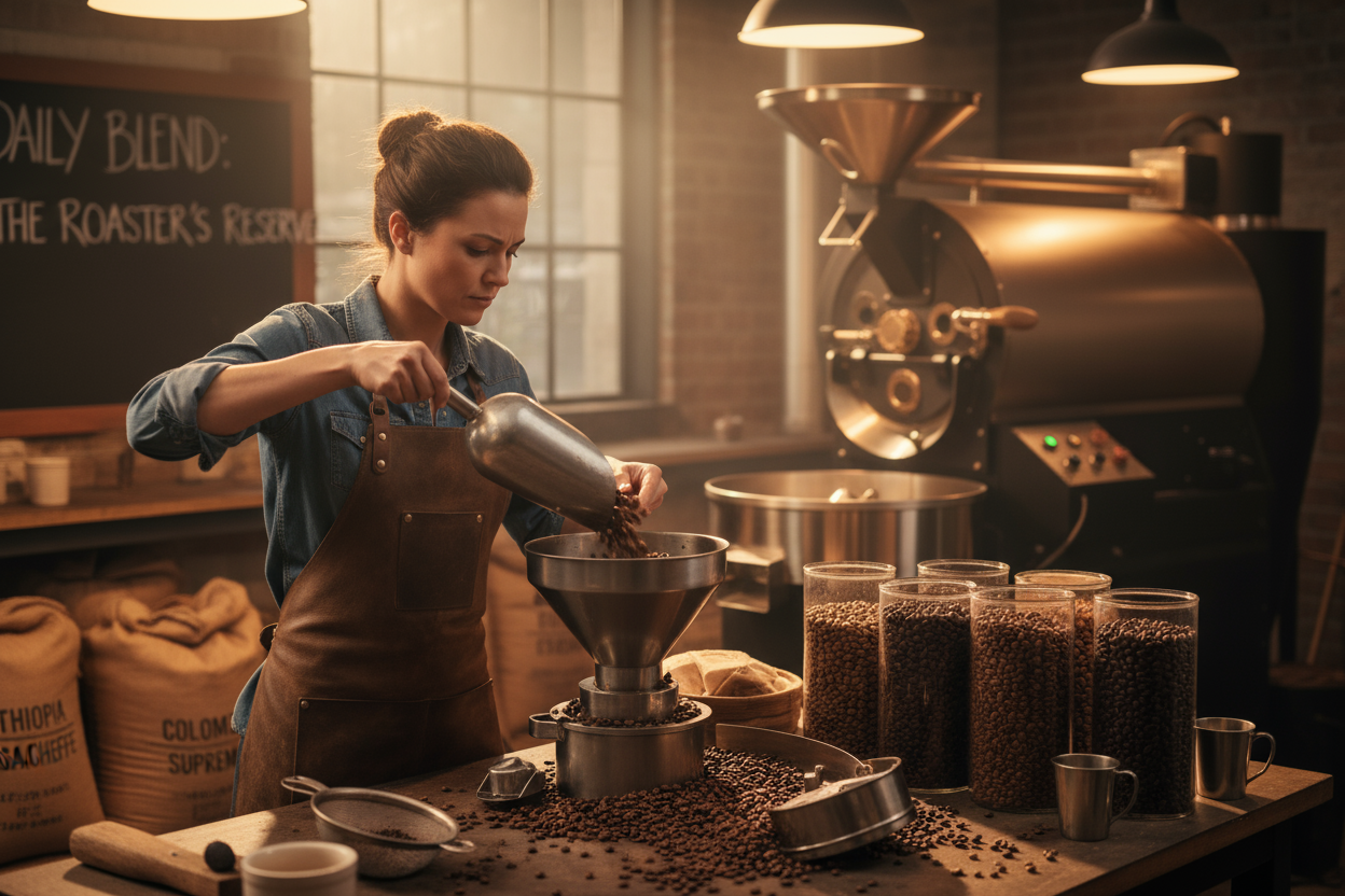 Head Roaster carefully blending coffee beans to create the perfect blend. 