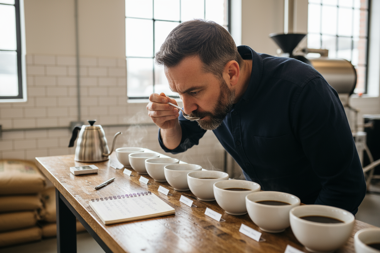 head roaster performing quality taste test