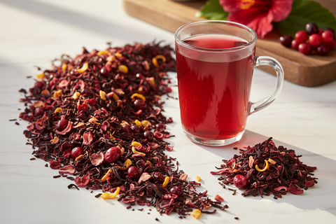 Hibiscus Berry loose leaf tea. This herbal tea brews into a vibrant crimson with bold notes of cranberry and citrus. Packed with natural antioxidants and vitamin C, it’s as nourishing as it is refreshing. A lively, tangy tea that feels like sunshine in a cup.