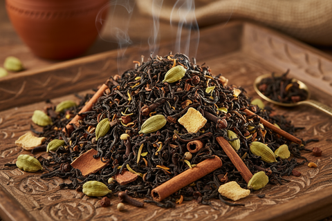 loose leaf Masala Chai tea, This robust black tea is blended with cardamom, cinnamon, cloves, and ginger, creating a spiced brew that’s rich and aromatic. Traditionally simmered with milk and sweetener, it’s a soothing yet invigorating tea. A bold cup that warms the body and soul.