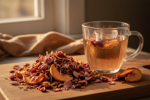 loose leaf peach paradise tea, This delicate fruit-forward herbal tea blends juicy peach tones with subtle rose and sour cranberry for a beautifully balanced cup. Caffeine-free and rich in natural antioxidants, it supports wellness while indulging your fruity sweet tooth. A cozy cup that feels like gentle sunset warmth in your mug.