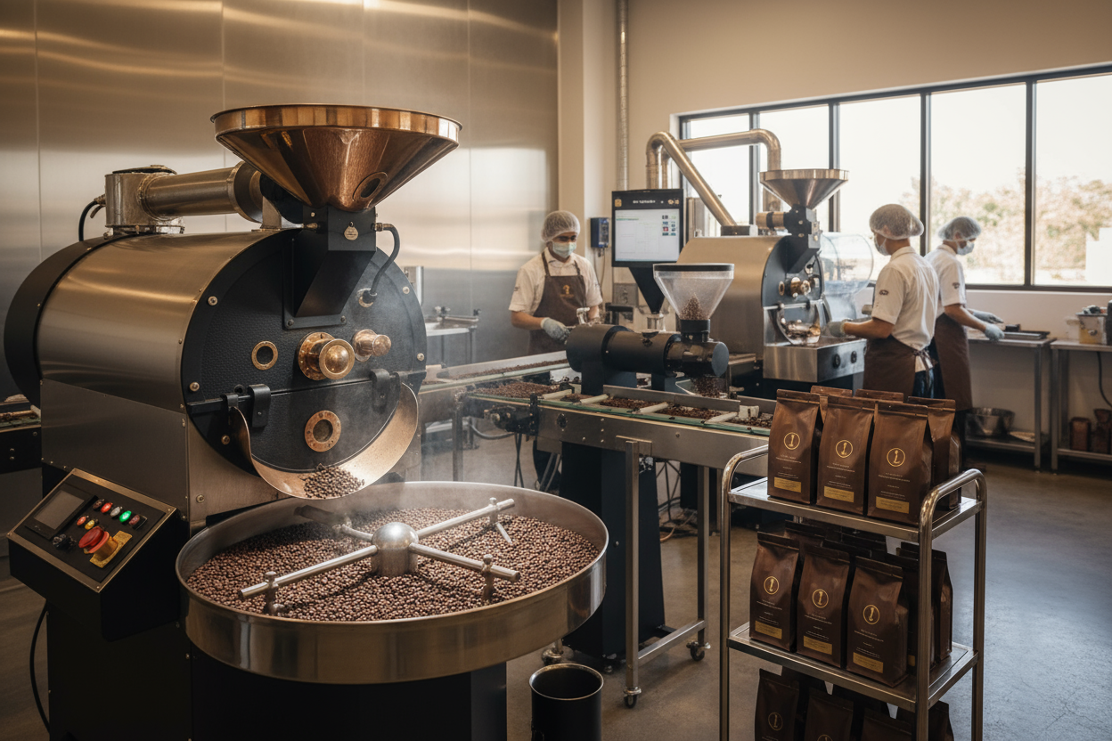 Roasting coffee beans and then packaging grinds. 