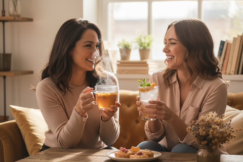 Two friends enjoying a cup of hot and iced peach paradise tea together. 