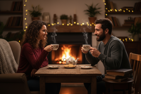 two friends enjoying each others company over a cup of steaming hot earl grey tea. 