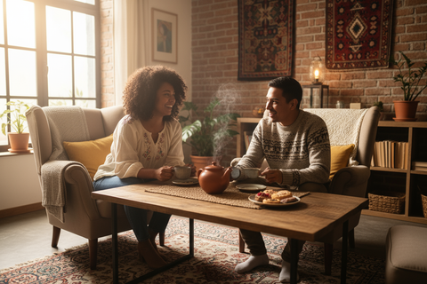 Two latin american friends enjoy tea together. 